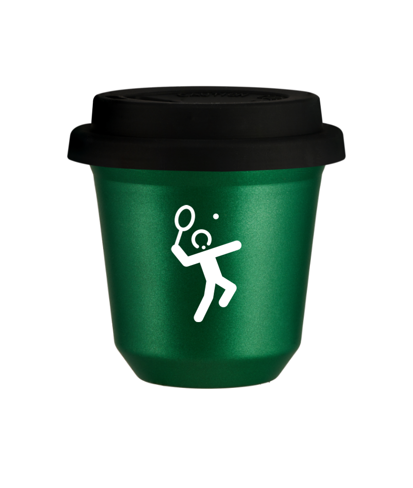 Tasse 80 ml VERT MÉTALLIQUE "Tennis 2 (blanc)", avec couvercle noir