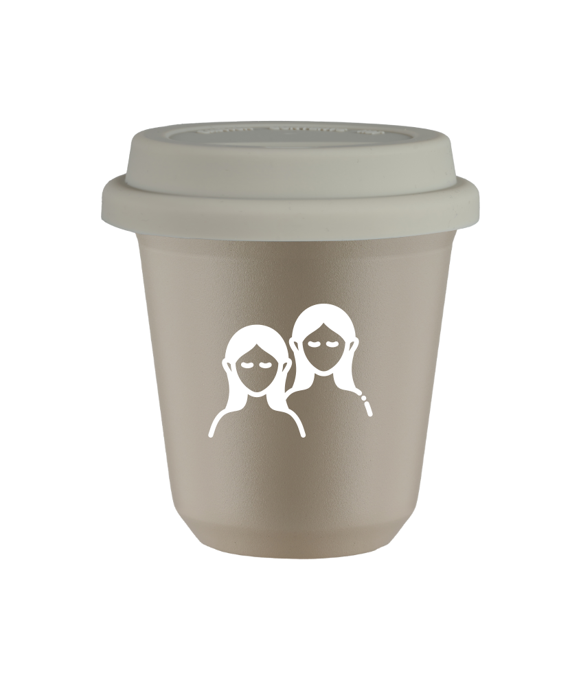 Tasse 240 ml BEIGE "Gémeaux (blanc)", avec couvercle blanc