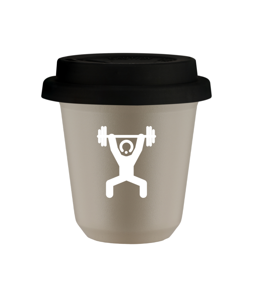 Tasse 240 ml BEIGE "Homme fort 1 (blanc)", avec couvercle noir Tasse 240 ml BEIGE "Homme fort 1 (blanc)", avec couvercle noir