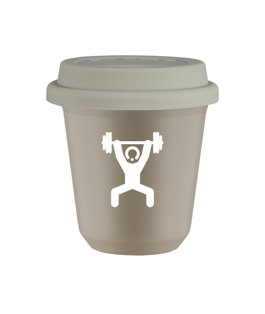 Tasse 240 ml BEIGE "Homme fort 1 (blanc)", avec couvercle blanc