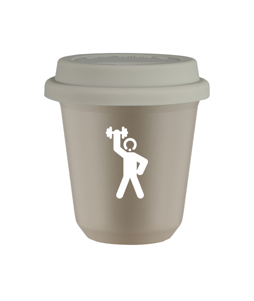 Tasse 240 ml BEIGE "Homme fort 2 (blanc)", avec couvercle blanc Tasse 240 ml BEIGE "Homme fort 2 (blanc)", avec couvercle blanc