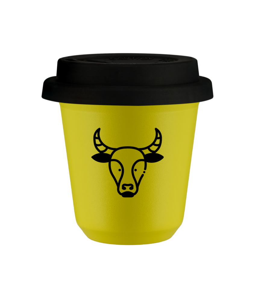 Tasse 240 ml JAUNE "Taureau", avec couvercle noir