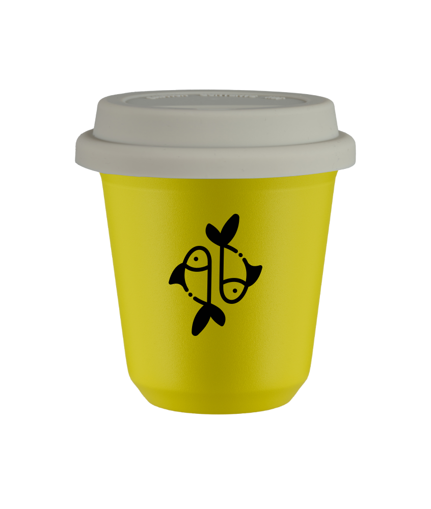 Tasse 240 ml JAUNE "Poissons (noir)", avec couvercle blanc