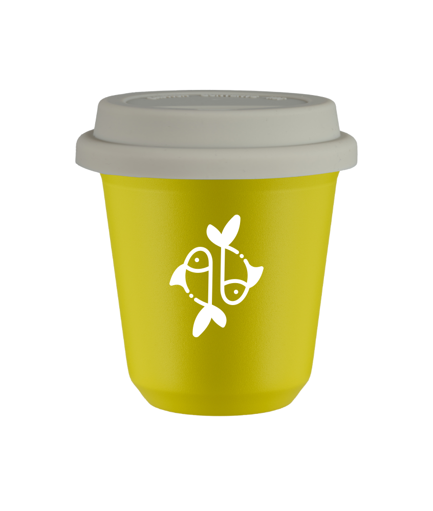 Tasse 240 ml JAUNE "Poissons (blanc)", avec couvercle blanc Tasse 240 ml JAUNE "Poissons (blanc)", avec couvercle blanc