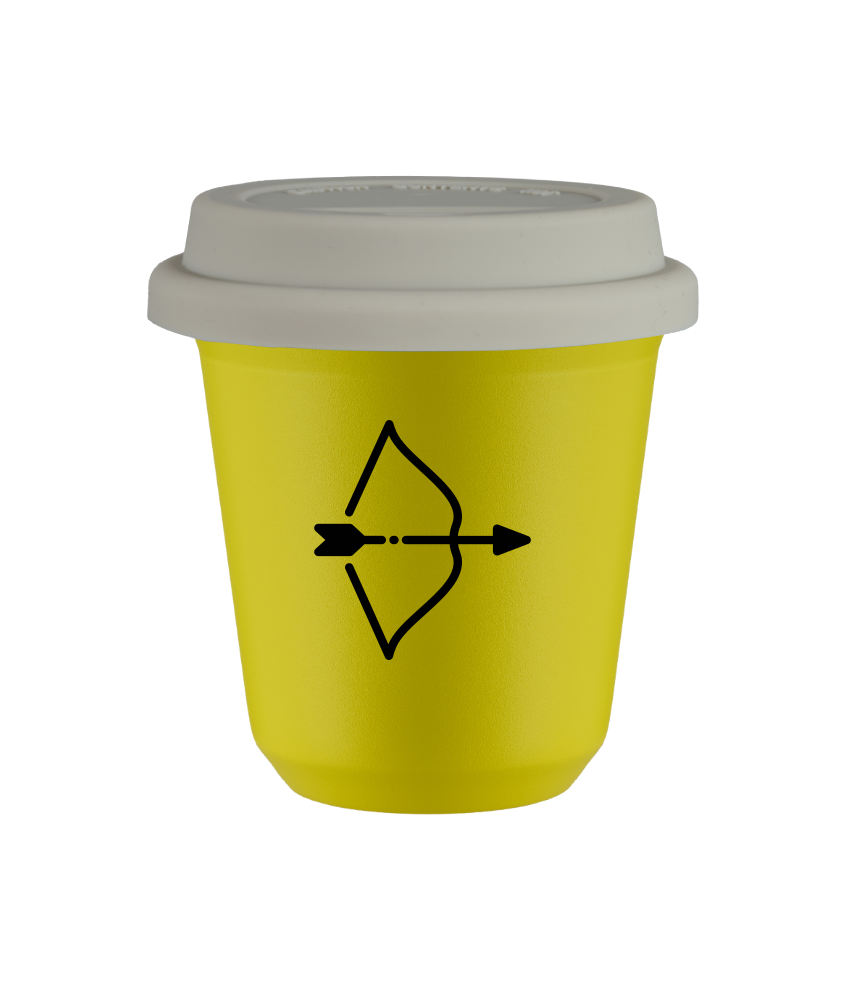 Tasse 240 ml JAUNE "Sagittaire", avec couvercle blanc Tasse 240 ml JAUNE "Sagittaire", avec couvercle blanc