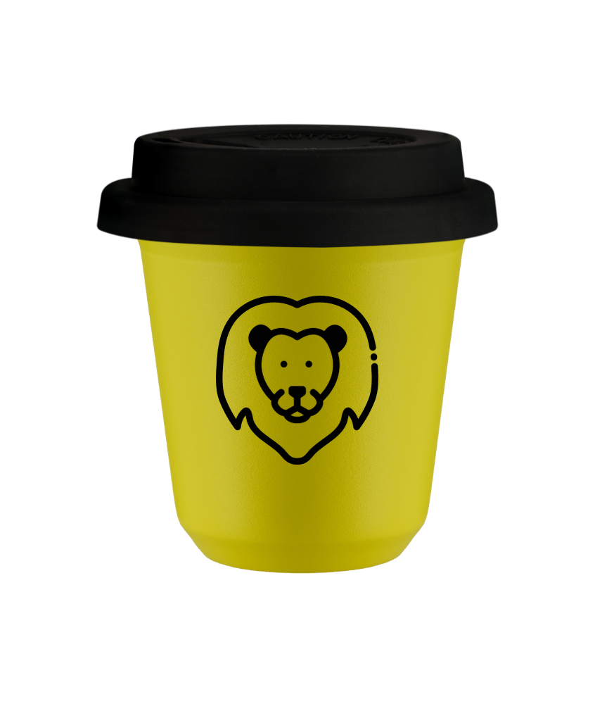 Tasse 240 ml JAUNE "Lion (noir)", avec couvercle noir