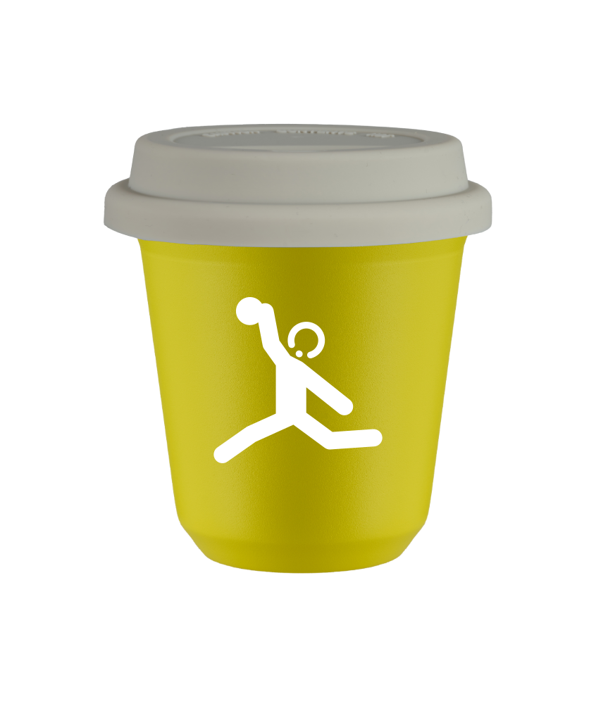 Tasse 240 ml JAUNE "Lancer du disque (blanc)", avec couvercle blanc Tasse 240 ml JAUNE "Lancer du disque (blanc)", avec couvercle blanc