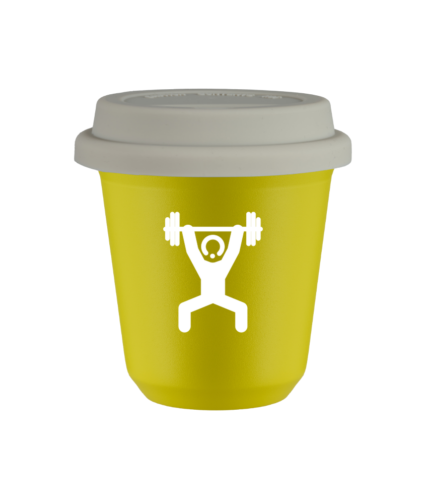 Tasse 240 ml JAUNE "Homme fort 1 (blanc)", avec couvercle blanc Tasse 240 ml JAUNE "Homme fort 1 (blanc)", avec couvercle blanc