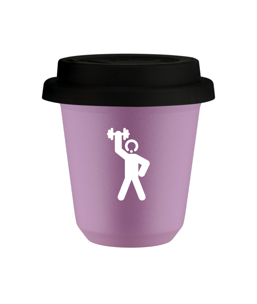 Tasse 240 ml LILAS "Homme fort 2 (blanc)", avec couvercle noir