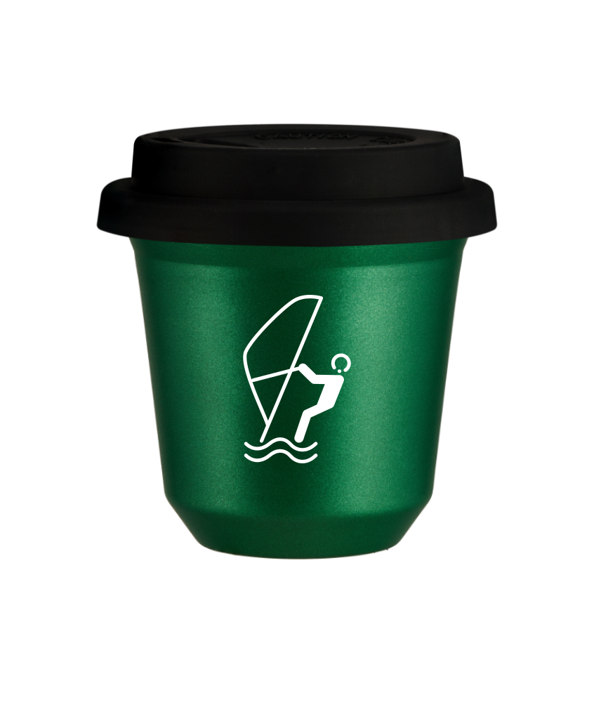 Tasse 80 ml VERT MÉTALLIQUE "Sports nautiques (blanc)", avec couvercle noir