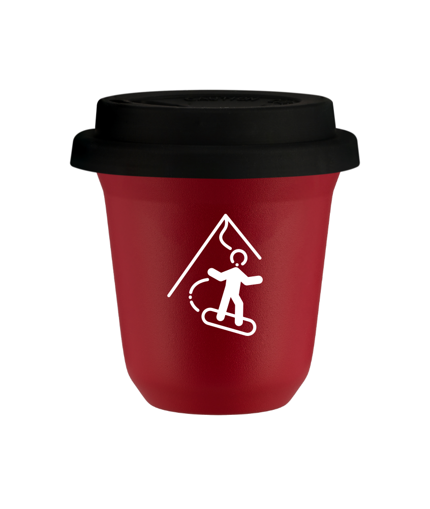Tasse 80 ml ROUGE "Snowboard (blanc)", avec couvercle noir