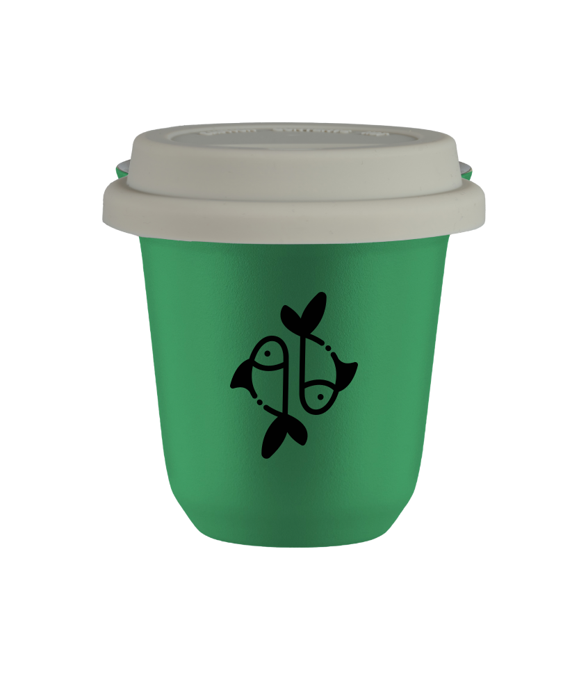 Tasse 80 ml VERT "Poissons (noir)", avec couvercle blanc Tasse 80 ml VERT "Poissons (noir)", avec couvercle blanc
