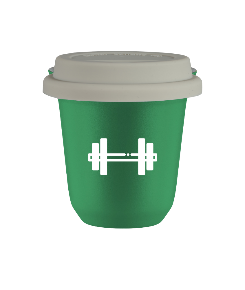 Tasse 80 ml VERT "Haltère (blanc)", avec couvercle blanc Tasse 80 ml VERT "Haltère (blanc)", avec couvercle blanc