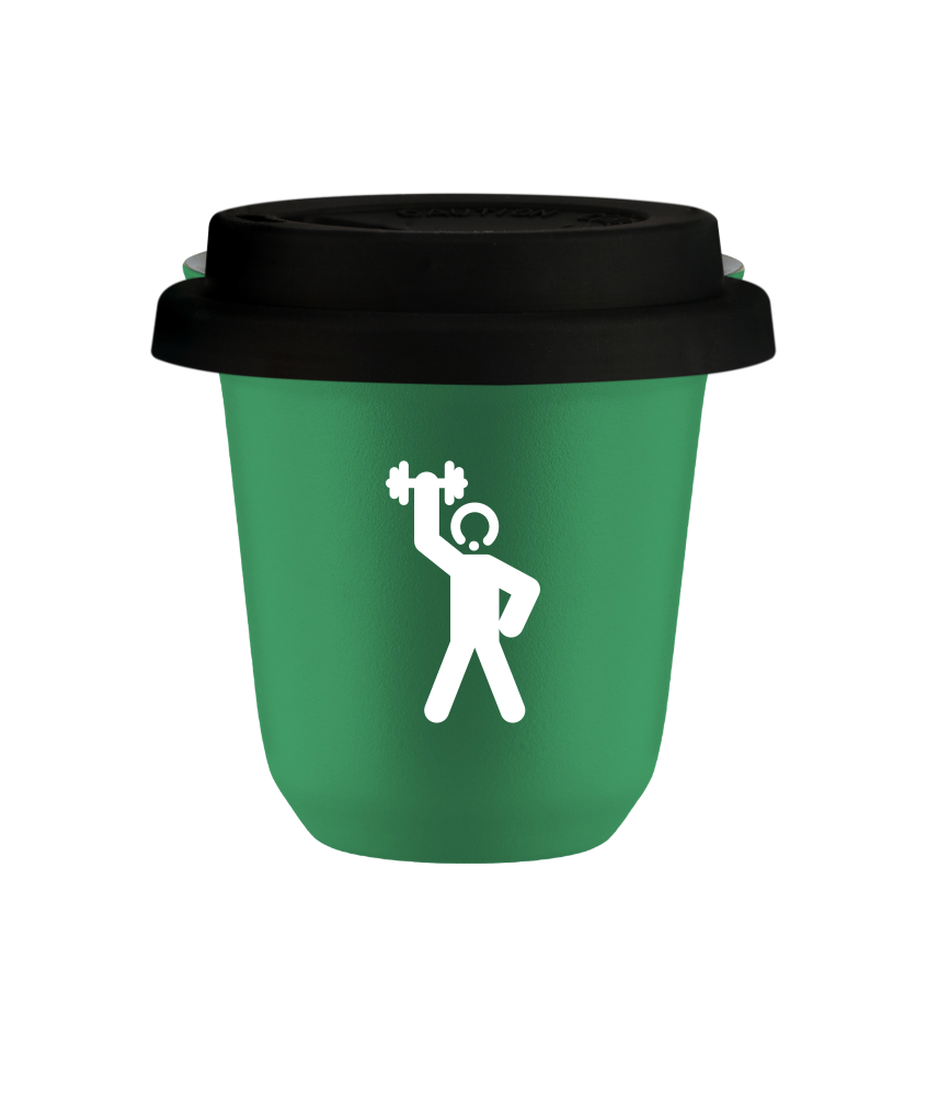 Tasse 80 ml VERT "Homme fort 2 (blanc)", avec couvercle noir Tasse 80 ml VERT "Homme fort 2 (blanc)", avec couvercle noir
