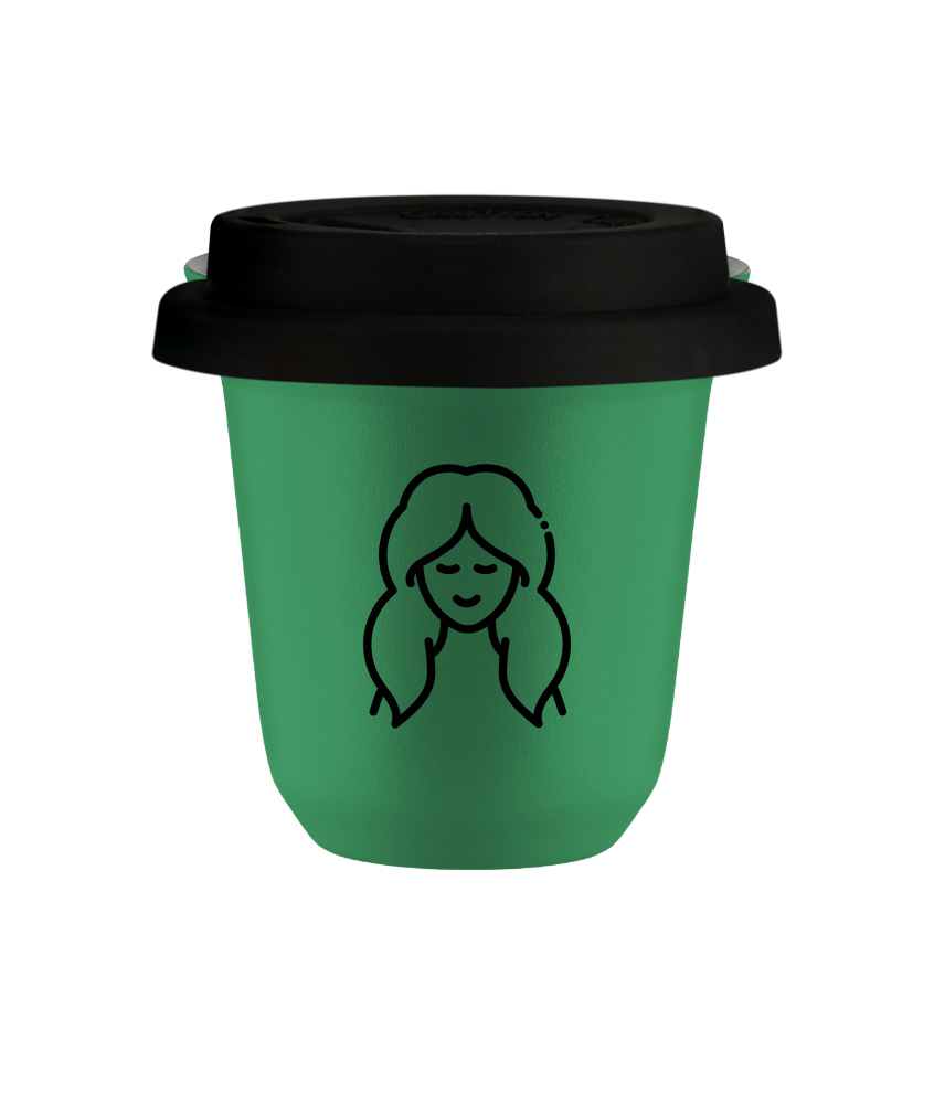 Tasse 150 ml VERT "Vierge", avec couvercle noir