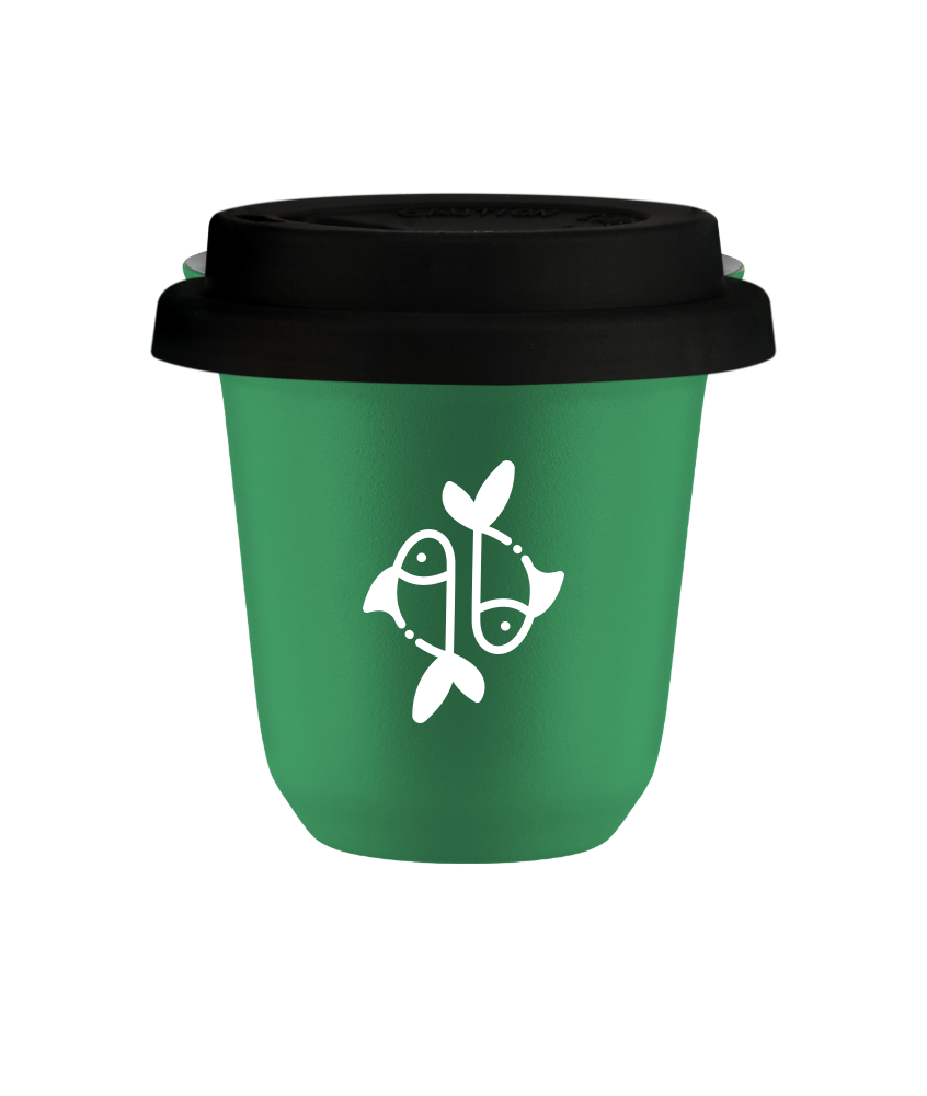 Tasse 150 ml VERT "Poissons (blanc)", avec couvercle noir