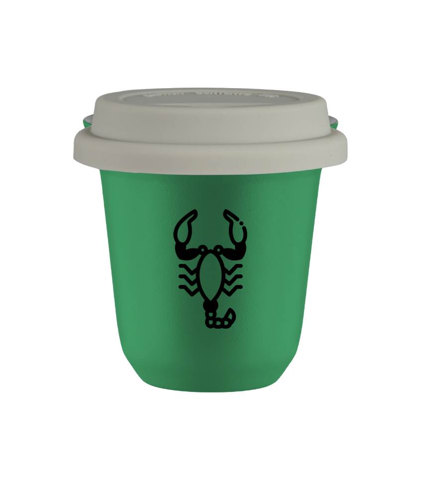 Tasse 150 ml VERT "Scorpion (noir)", avec couvercle blanc Tasse 150 ml VERT "Scorpion (noir)", avec couvercle blanc