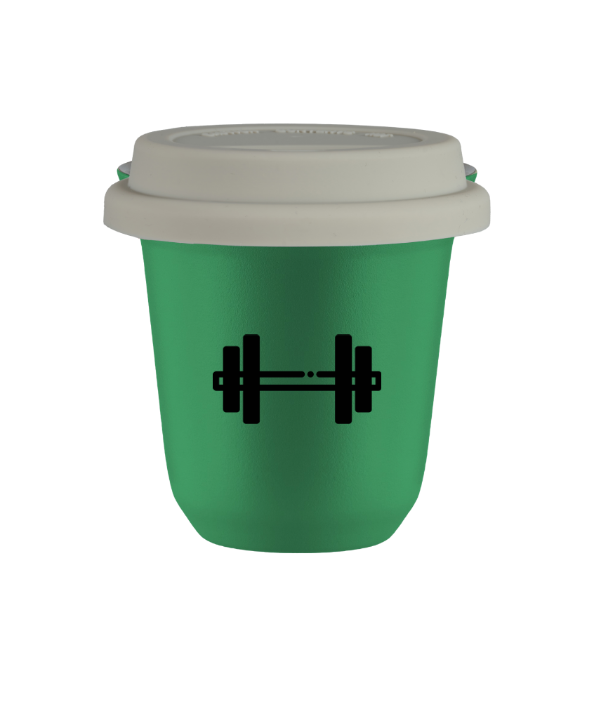 Tasse 150 ml VERT "Haltère", avec couvercle blanc Tasse 150 ml VERT "Haltère", avec couvercle blanc