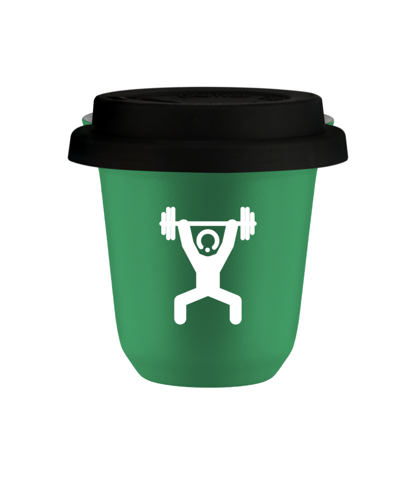 Tasse 150 ml VERT "Homme fort 1 (blanc)", avec couvercle noir Tasse 150 ml VERT "Homme fort 1 (blanc)", avec couvercle noir