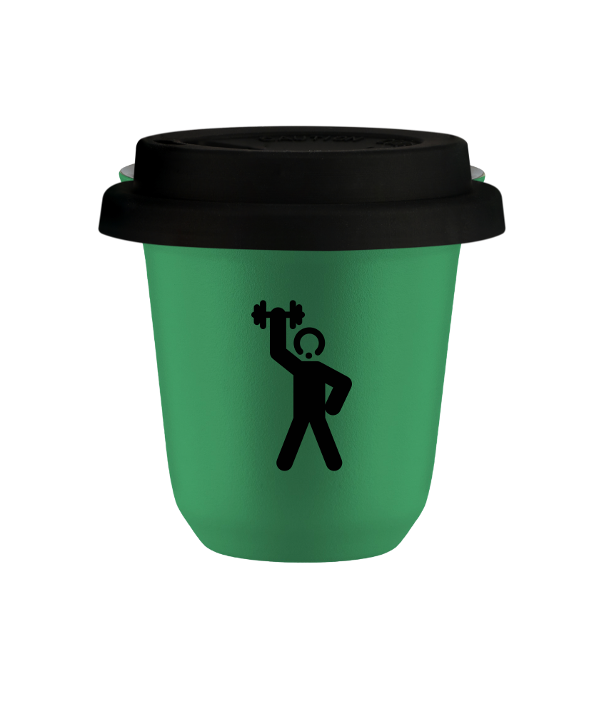 Tasse 150 ml VERT "Homme fort 2", avec couvercle noir Tasse 150 ml VERT "Homme fort 2", avec couvercle noir