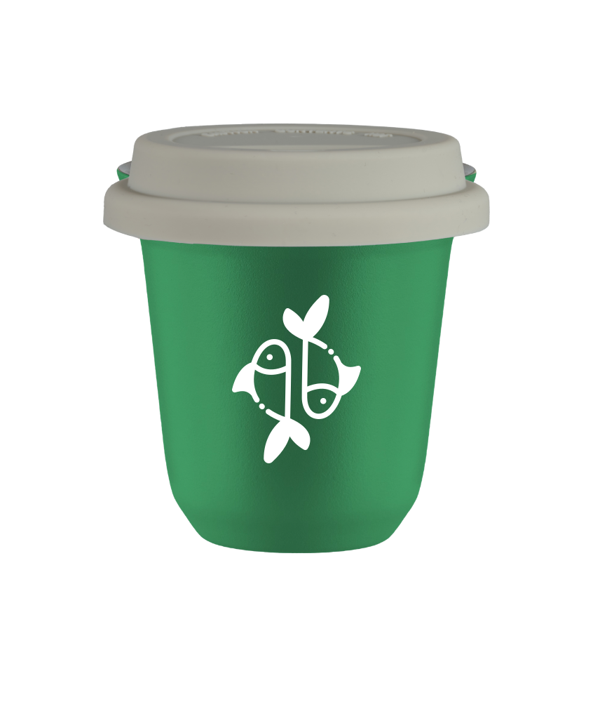 Tasse 240 ml VERT "Poissons (blanc)", avec couvercle blanc Tasse 240 ml VERT "Poissons (blanc)", avec couvercle blanc