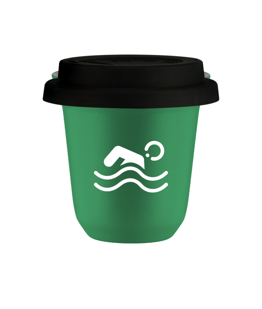 Tasse 240 ml VERT "Natation (blanc)", avec couvercle noir Tasse 240 ml VERT "Natation (blanc)", avec couvercle noir