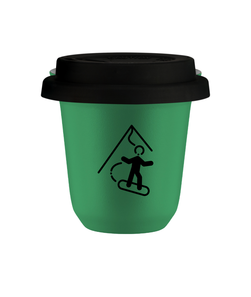Tasse 80 ml VERT "Snowboard", avec couvercle noir