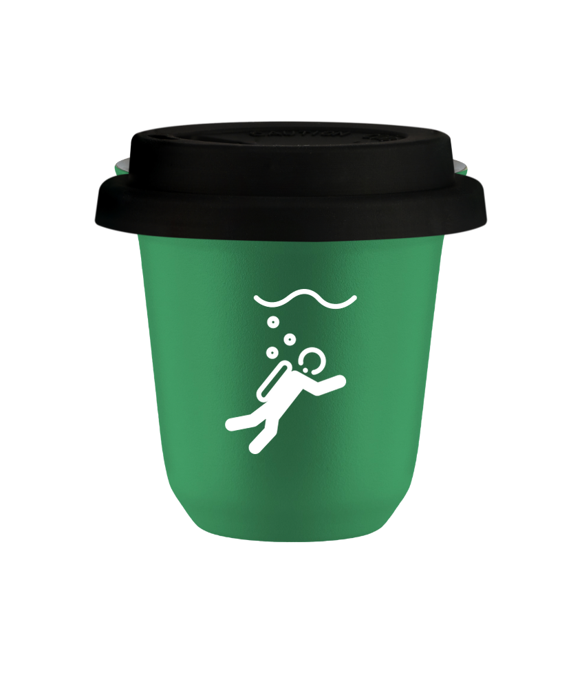 Tasse 80 ml VERT "Plongée (blanc)", avec couvercle noir Tasse 80 ml VERT "Plongée (blanc)", avec couvercle noir