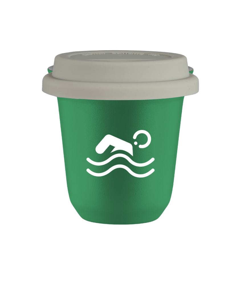 Tasse 80 ml VERT "Natation (blanc)", avec couvercle blanc Tasse 80 ml VERT "Natation (blanc)", avec couvercle blanc