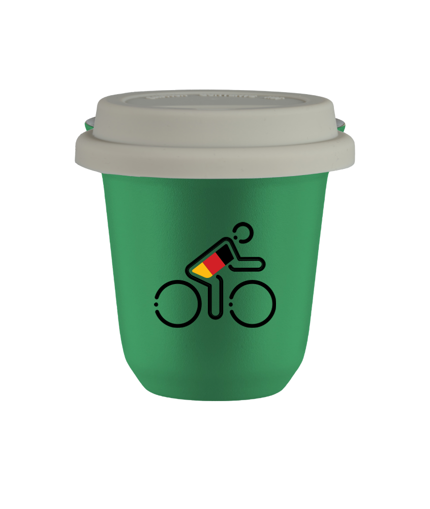 Tasse 80 ml VERT "Cycliste aux couleurs allemandes", avec couvercle blanc Tasse 80 ml VERT "Cycliste aux couleurs allemandes", avec couvercle blanc