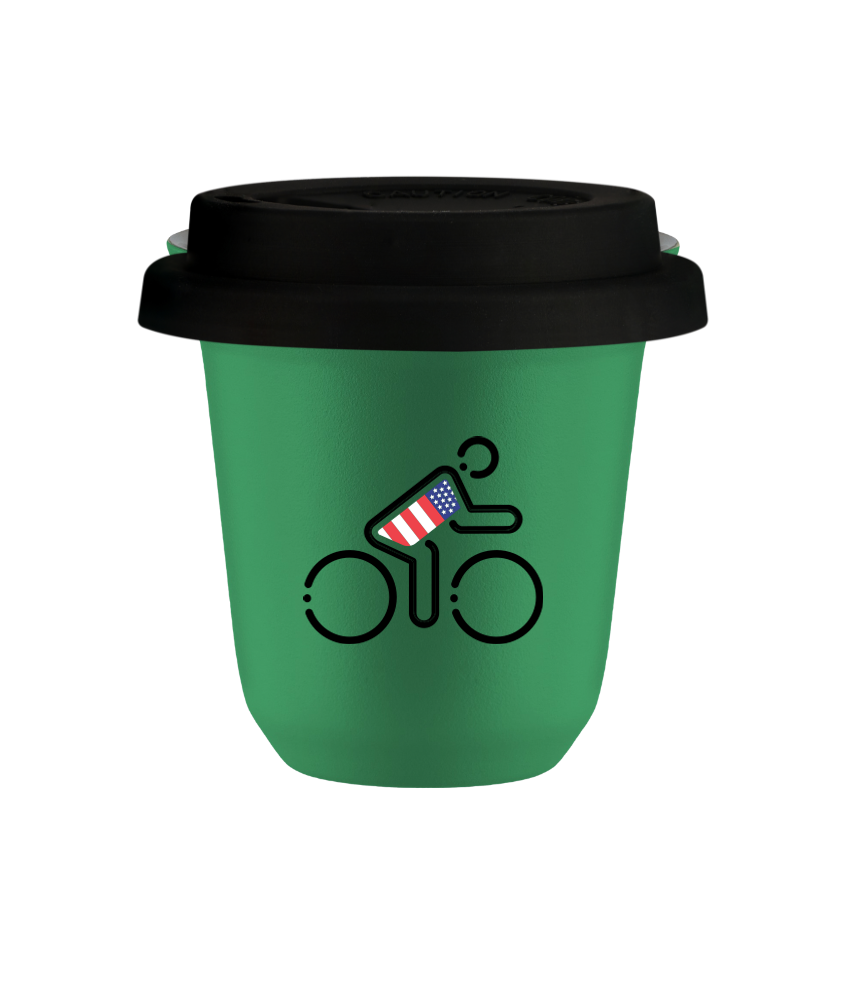 Tasse 80 ml VERT "Cycliste aux couleurs britanniques (noir)", avec couvercle noir Tasse 80 ml VERT "Cycliste aux couleurs britanniques (noir)", avec couvercle noir