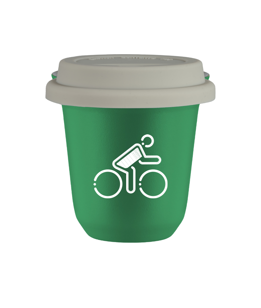 Tasse 80 ml VERT "Cycliste aux couleurs britanniques (blanc)", avec couvercle blanc Tasse 80 ml VERT "Cycliste aux couleurs britanniques (blanc)", avec couvercle blanc