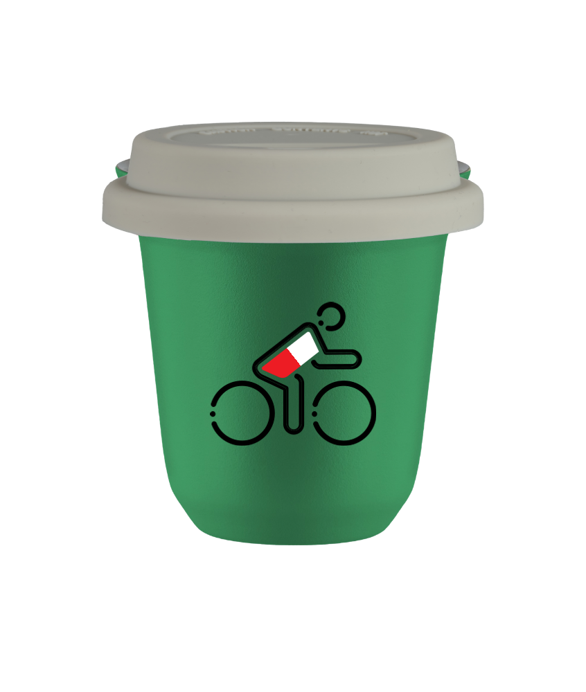 Tasse 80 ml VERT "Cycliste aux couleurs polonaises", avec couvercle blanc Tasse 80 ml VERT "Cycliste aux couleurs polonaises", avec couvercle blanc