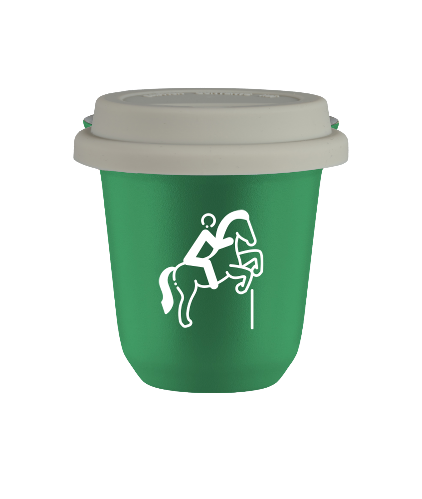 Tasse 80 ml VERT "Équitation 1 (blanc)", avec couvercle blanc Tasse 80 ml VERT "Équitation 1 (blanc)", avec couvercle blanc