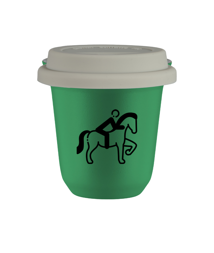 Tasse 80 ml VERT "Équitation 2 (noir)", avec couvercle blanc Tasse 80 ml VERT "Équitation 2 (noir)", avec couvercle blanc