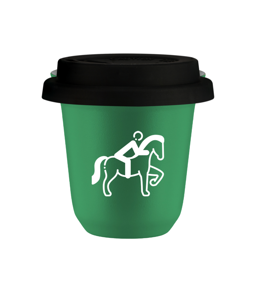 Tasse 80 ml VERT "Équitation 2 (blanc)", avec couvercle noir Tasse 80 ml VERT "Équitation 2 (blanc)", avec couvercle noir