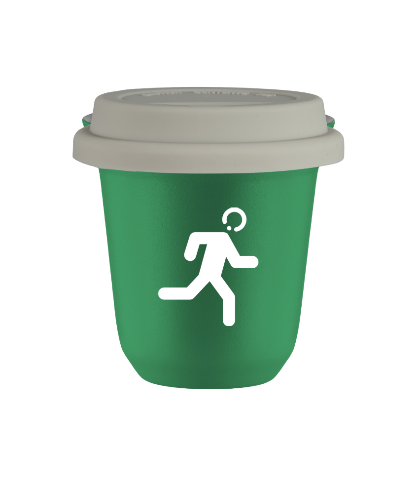 Tasse 80 ml VERT "Coureur (blanc)", avec couvercle blanc
