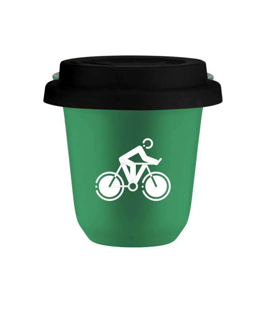 Tasse 80 ml VERT "Cyclisme 2 (blanc)", avec couvercle noir Tasse 80 ml VERT "Cyclisme 2 (blanc)", avec couvercle noir