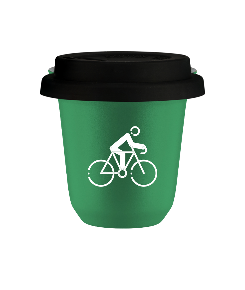 Tasse 80 ml VERT "Cyclisme 3 (blanc)", avec couvercle noir Tasse 80 ml VERT "Cyclisme 3 (blanc)", avec couvercle noir