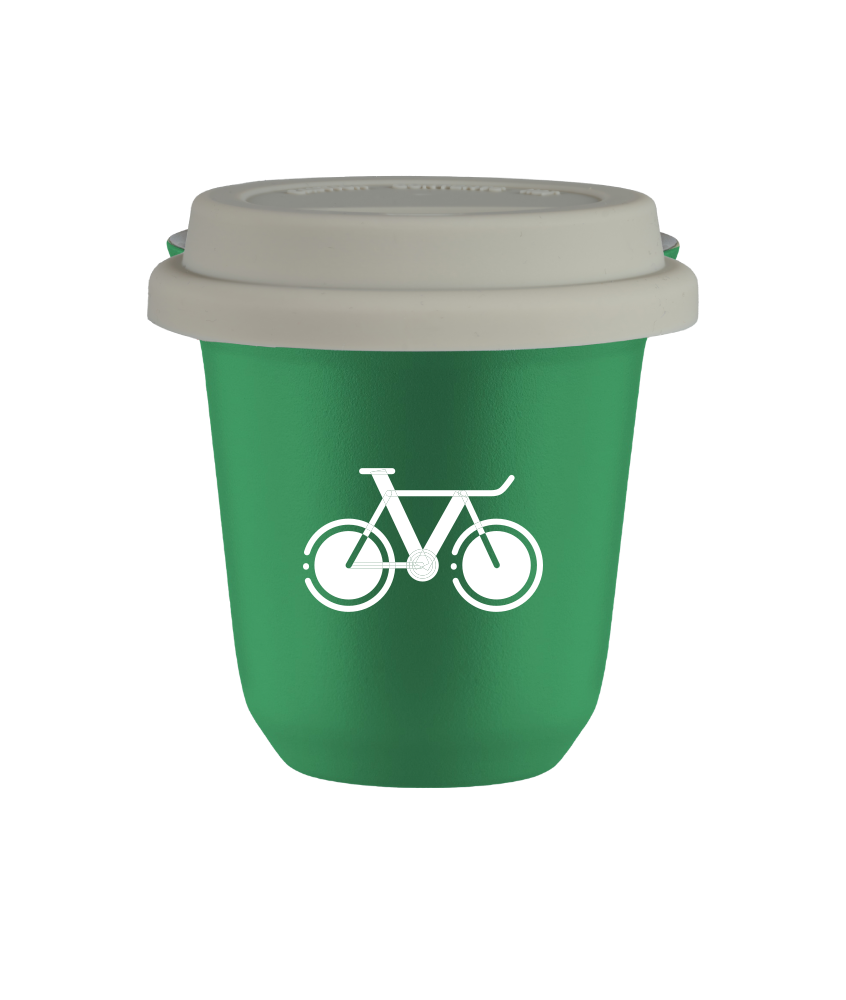 Tasse 80 ml VERT "Vélo 1 (blanc)", avec couvercle blanc Tasse 80 ml VERT "Vélo 1 (blanc)", avec couvercle blanc