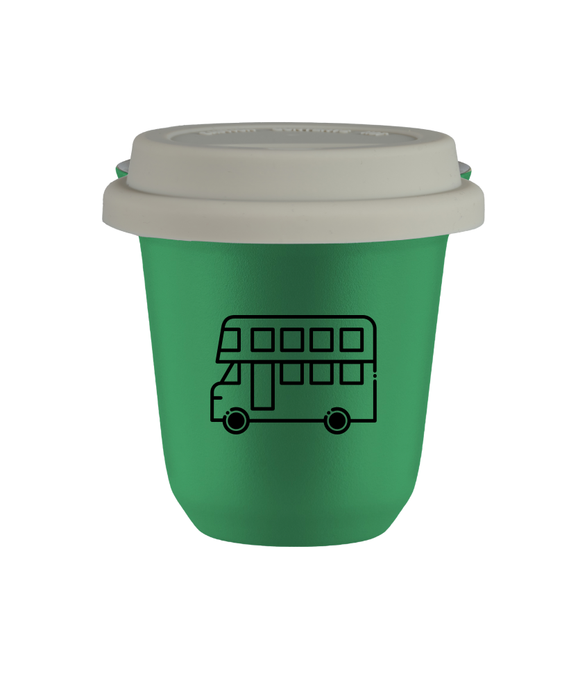 Tasse 150 ml VERT "Bus", avec couvercle blanc