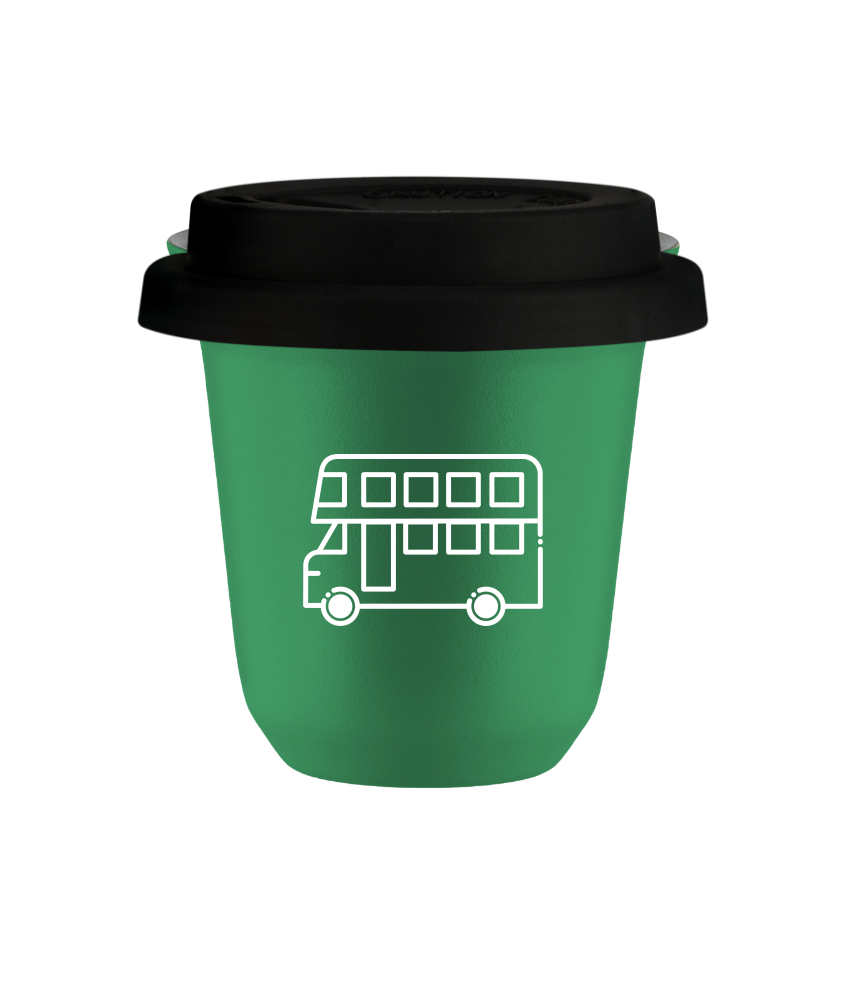 Tasse 150 ml VERT "Bus (blanc)", avec couvercle noir Tasse 150 ml VERT "Bus (blanc)", avec couvercle noir