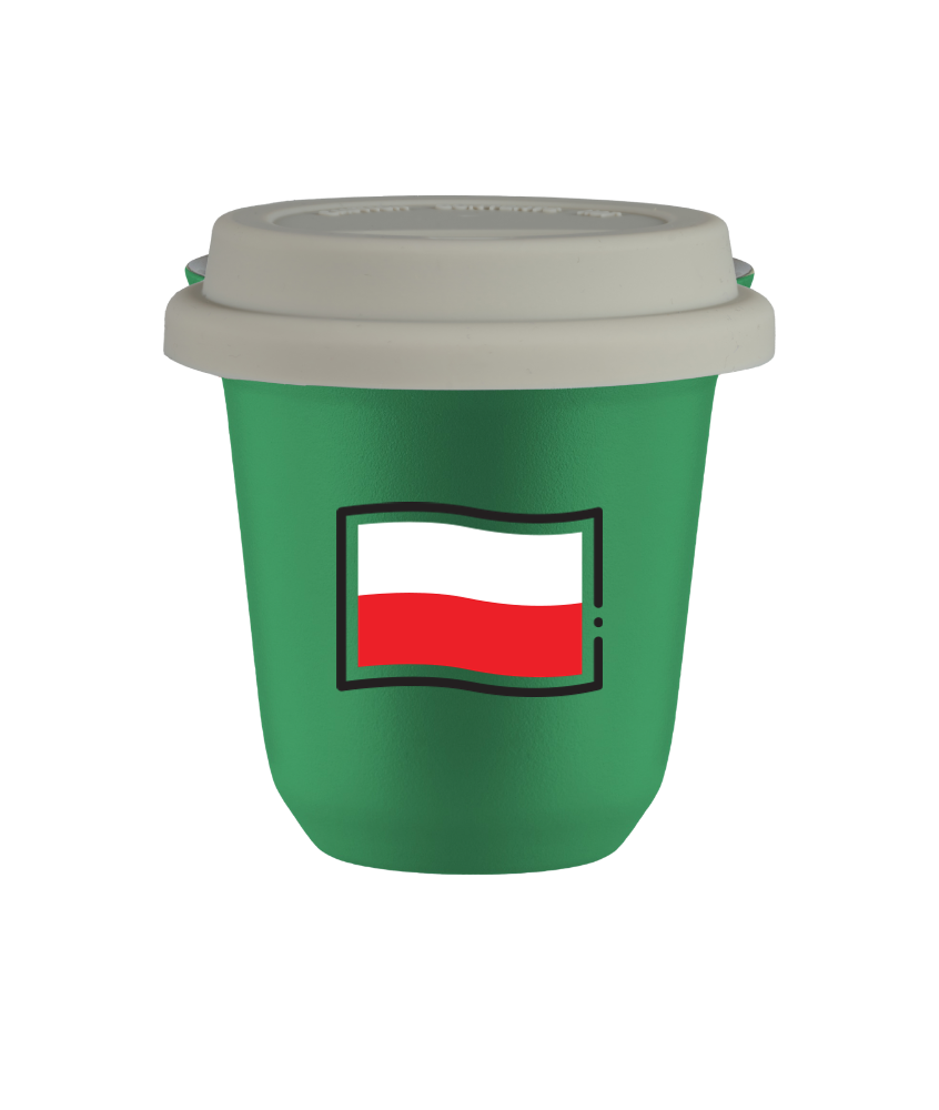 Tasse 150 ml VERT "Drapeau polonais (noir)", avec couvercle blanc Tasse 150 ml VERT "Drapeau polonais (noir)", avec couvercle blanc