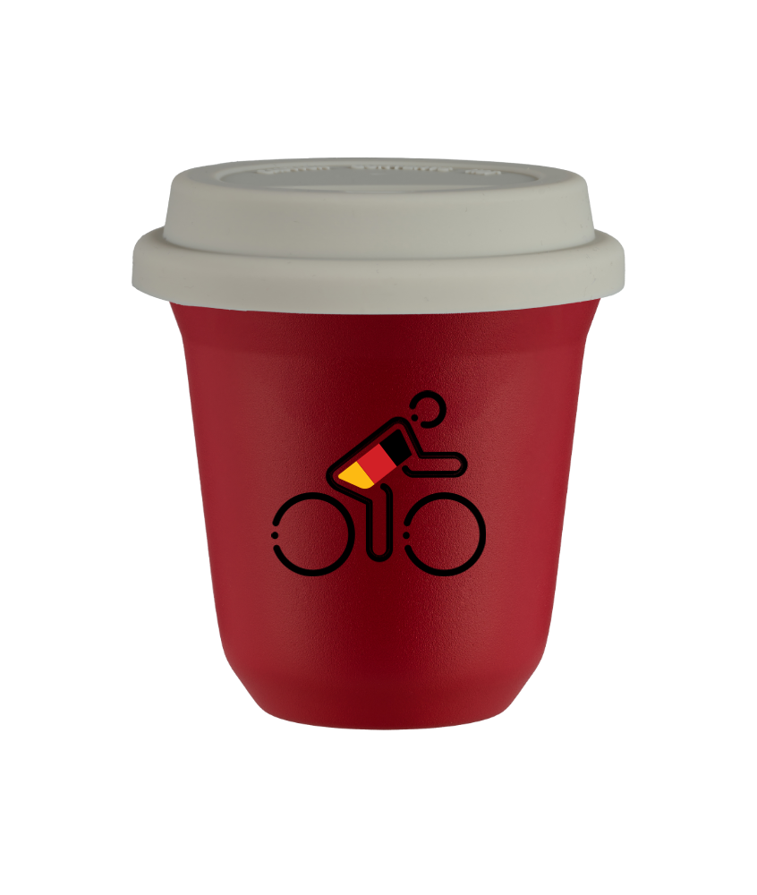 Tasse 80 ml ROUGE "Cycliste aux couleurs allemandes (noir)", avec couvercle blanc