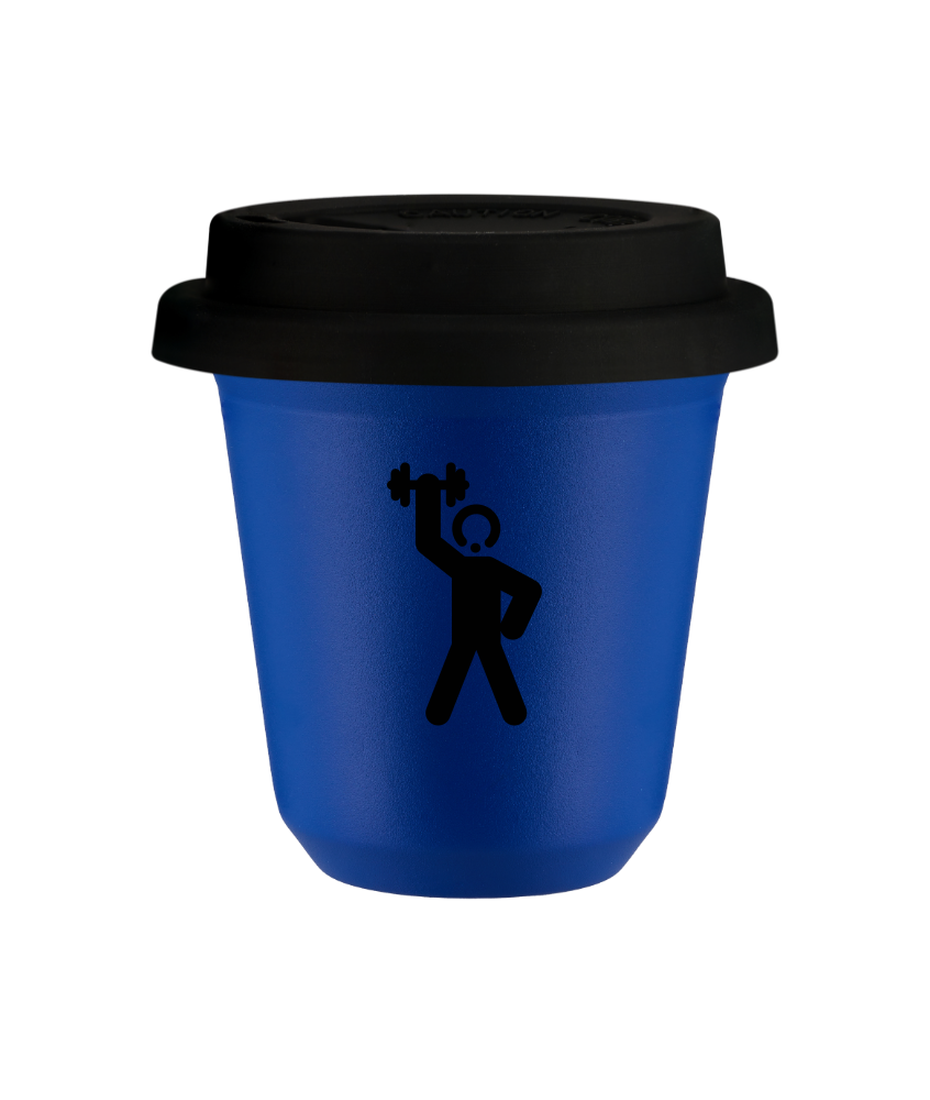 Tasse 150 ml BLEU "Homme fort 2 (noir)", avec couvercle noir