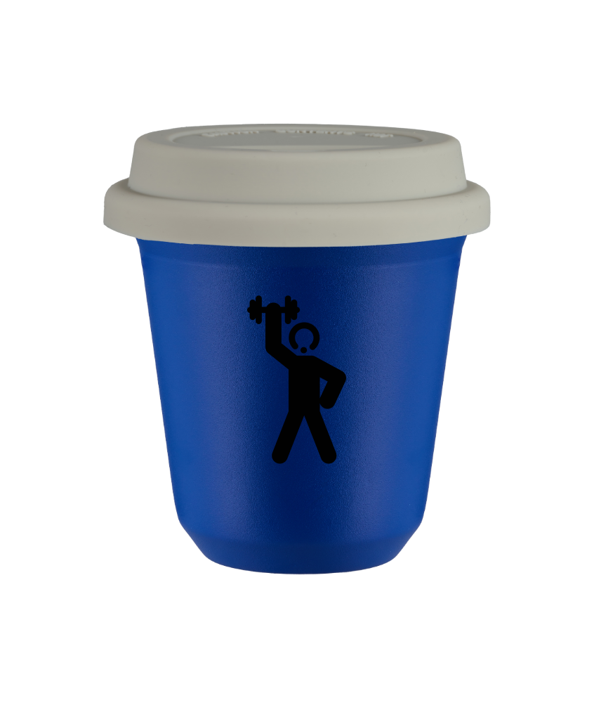 Tasse 150 ml BLEU "Homme fort 2 (noir)", avec couvercle blanc