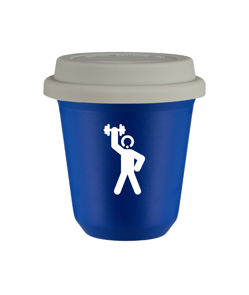 Tasse 150 ml BLEU "Homme fort 2 (blanc)", avec couvercle blanc Tasse 150 ml BLEU "Homme fort 2 (blanc)", avec couvercle blanc