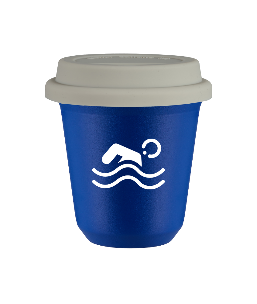 Tasse 150 ml BLEU "Natation (blanc)", avec couvercle blanc Tasse 150 ml BLEU "Natation (blanc)", avec couvercle blanc