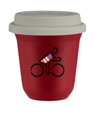 Tasse 80 ml ROUGE "Cycliste aux couleurs britanniques", avec couvercle blanc Tasse 80 ml ROUGE "Cycliste aux couleurs britanniques", avec couvercle blanc
