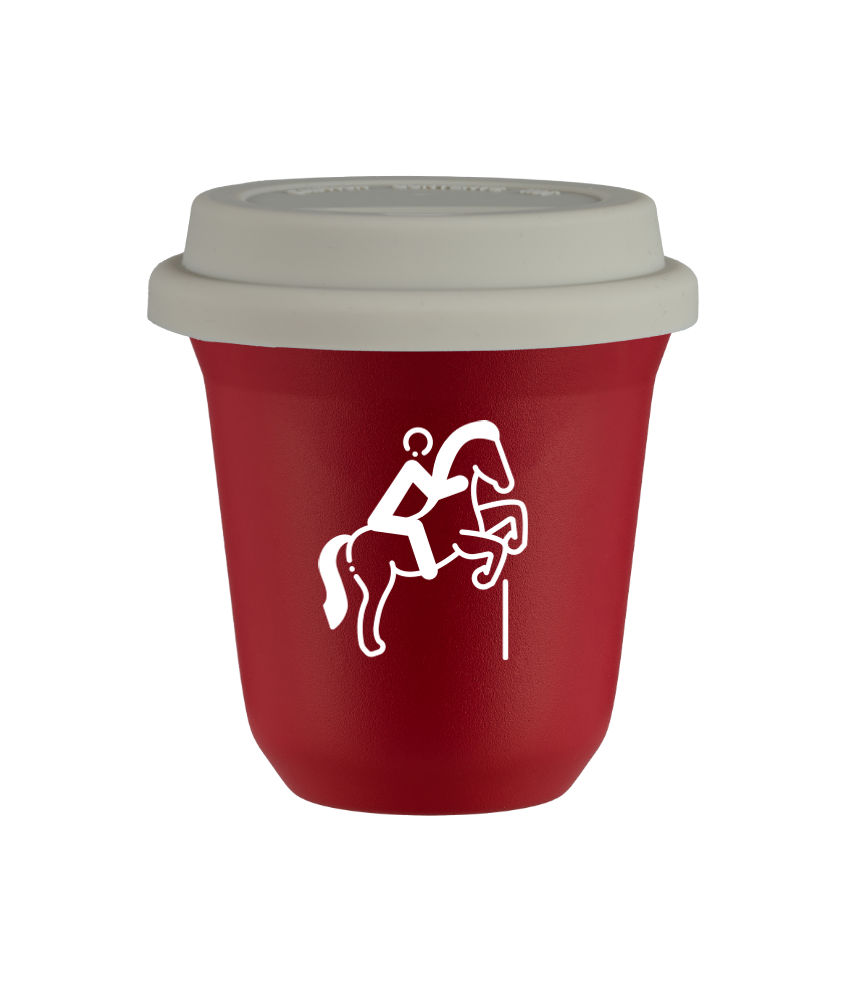 Tasse 80 ml ROUGE "Équitation 1 (blanc)", avec couvercle blanc Tasse 80 ml ROUGE "Équitation 1 (blanc)", avec couvercle blanc